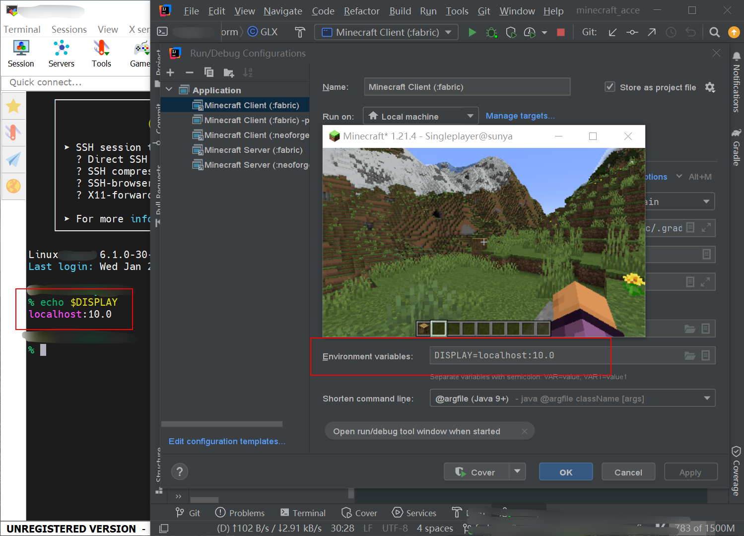 A screenshot showing the MobaXterm, Minecraft game window and IntelliJ run/debug configuration