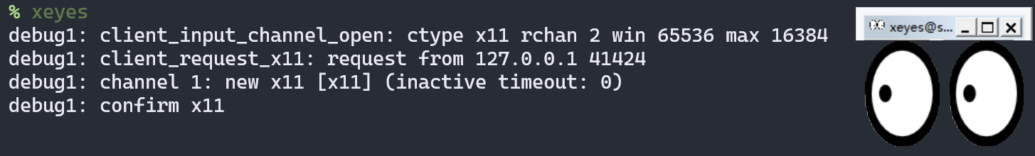 A screenshot showing the xeyes window and the cmd window